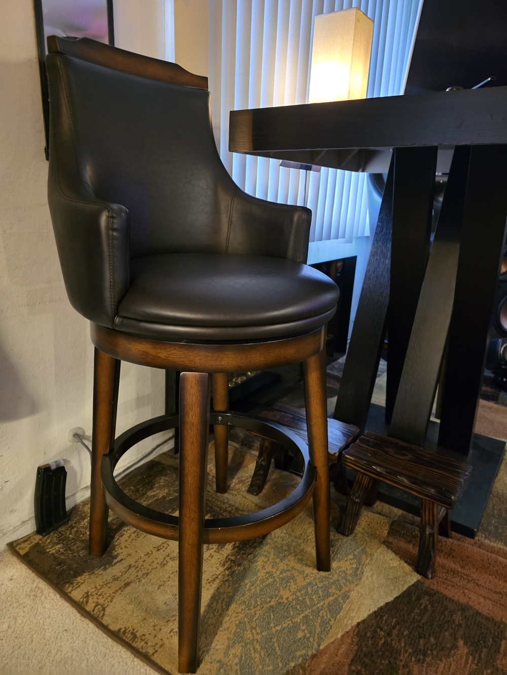Black Leather Swivel Counter Stool with Wood Base